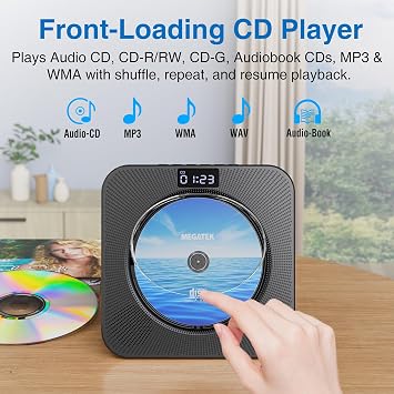 MEGATEK Portable CD Player Bluetooth for Home, Desktop CD Player with Stereo Speakers, FM Radio, USB, LED Display, AUX/Headphone Jack, Remote Black