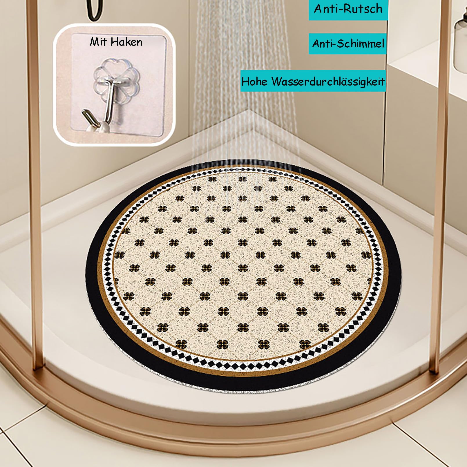 Alfombrilla de ducha redonda de PVC, antideslizante, suave, con gancho, sin BPA, antimoho, de secado rápido, altamente permeable al agua, F, 90 x 90 cm