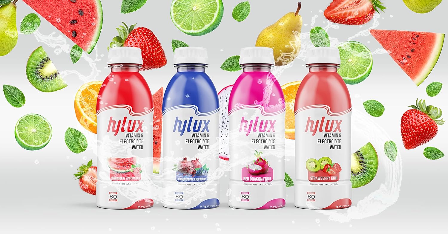Hylux Mixed Bottle Water Case of 8 - - Electrolyte Drinks with Crisp, Refreshing Taste - Fast Hydration Drink - Lightly Sweetened Antioxidant Drink with Fewer Calories Per Bottle