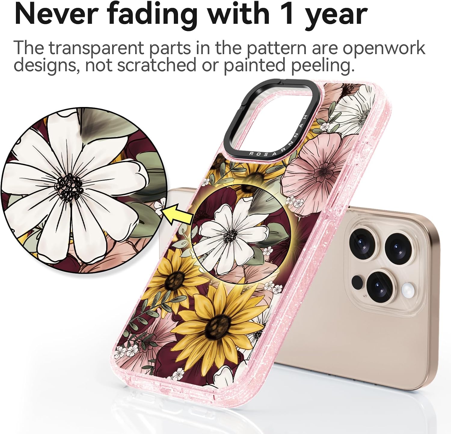 Rosarnnah for iPhone 16 Pro Max Case Cute - Durable Shockproof 6.6 ft Drop Impact Phone Case - Funny Sunflower Design (6.9") Glitter Pink