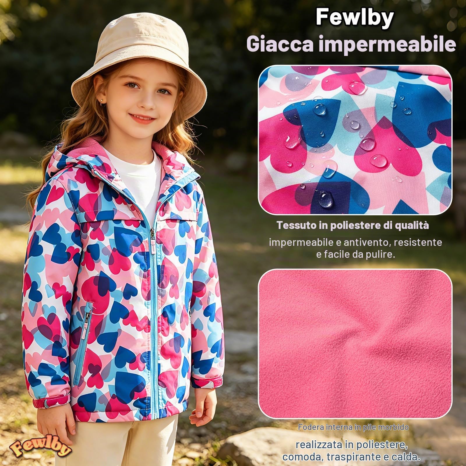 Fewlby Giacca Impermeabile con Cappuccio, Bambini Giacca a Vento Impermeabile con Cappuccio Cappotto Foderato in Pile Ragazze Capispalla, 9-10 Anni