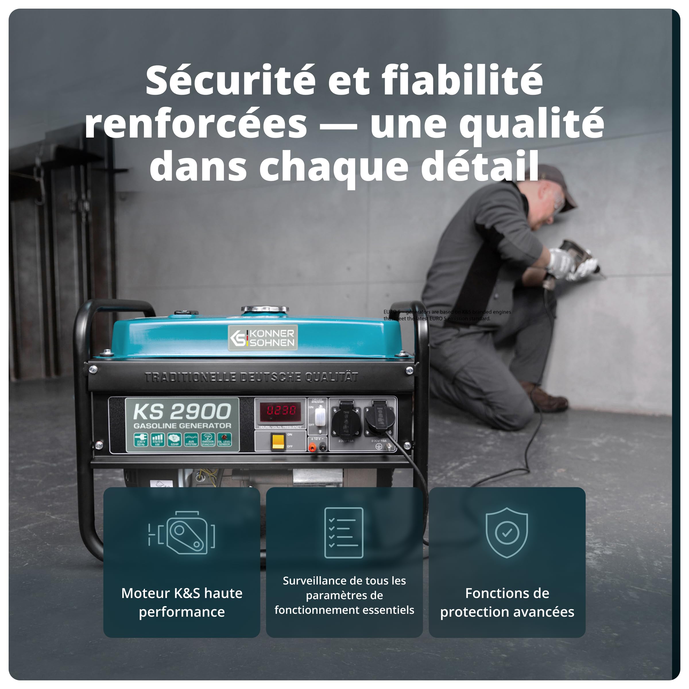 K&S Könner&Söhnen KS 2900 Générateur à essence 2900 W, 2x16A (230 V), 12 V, AVR, Groupe électrogène essence avec protection surcharge/court-circuit, indicateur huile bas, affichage LED