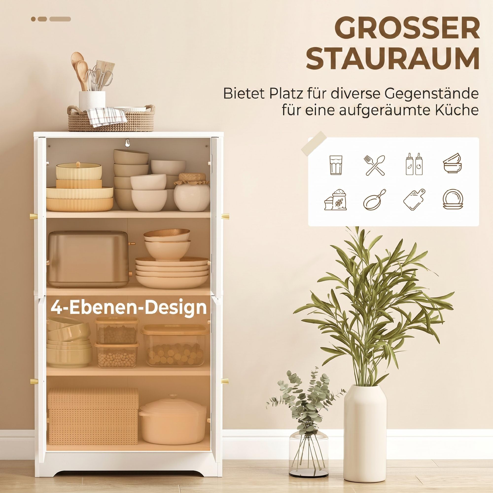 HOMCOM Küchenschrank, Hochschrank mit 2 verstellbaren Regalböden, Küchenbuffet Buffetschrank mit 4 gewölbten Türen, für Wohnzimmer, Weiß, 60 x 30 x 110 cm