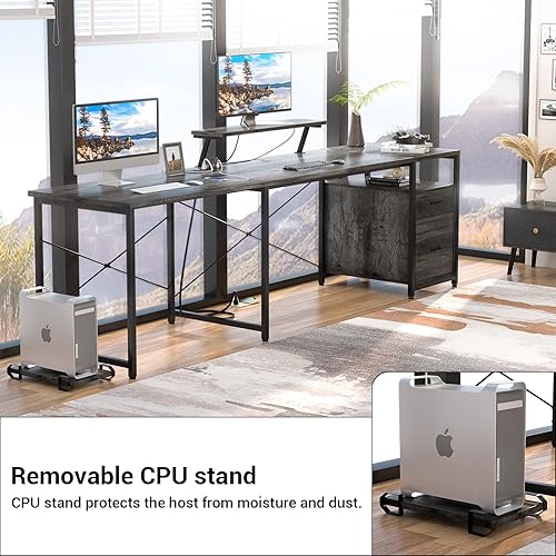 Miniatura 6 de Unikito Escritorio en forma de L con cajón de archivos y toma de corriente, escritorio de esquina reversible en forma de L con estante para monitor,