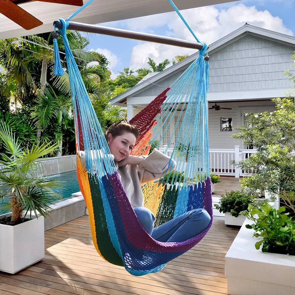 Hamacs design & mobilier jardin tendance 2026 : 50 idées Pinterest Bathonly Caribbean Siège Suspendu Chaise Hamac Pivotante avec Barre D'écartement, Grande C