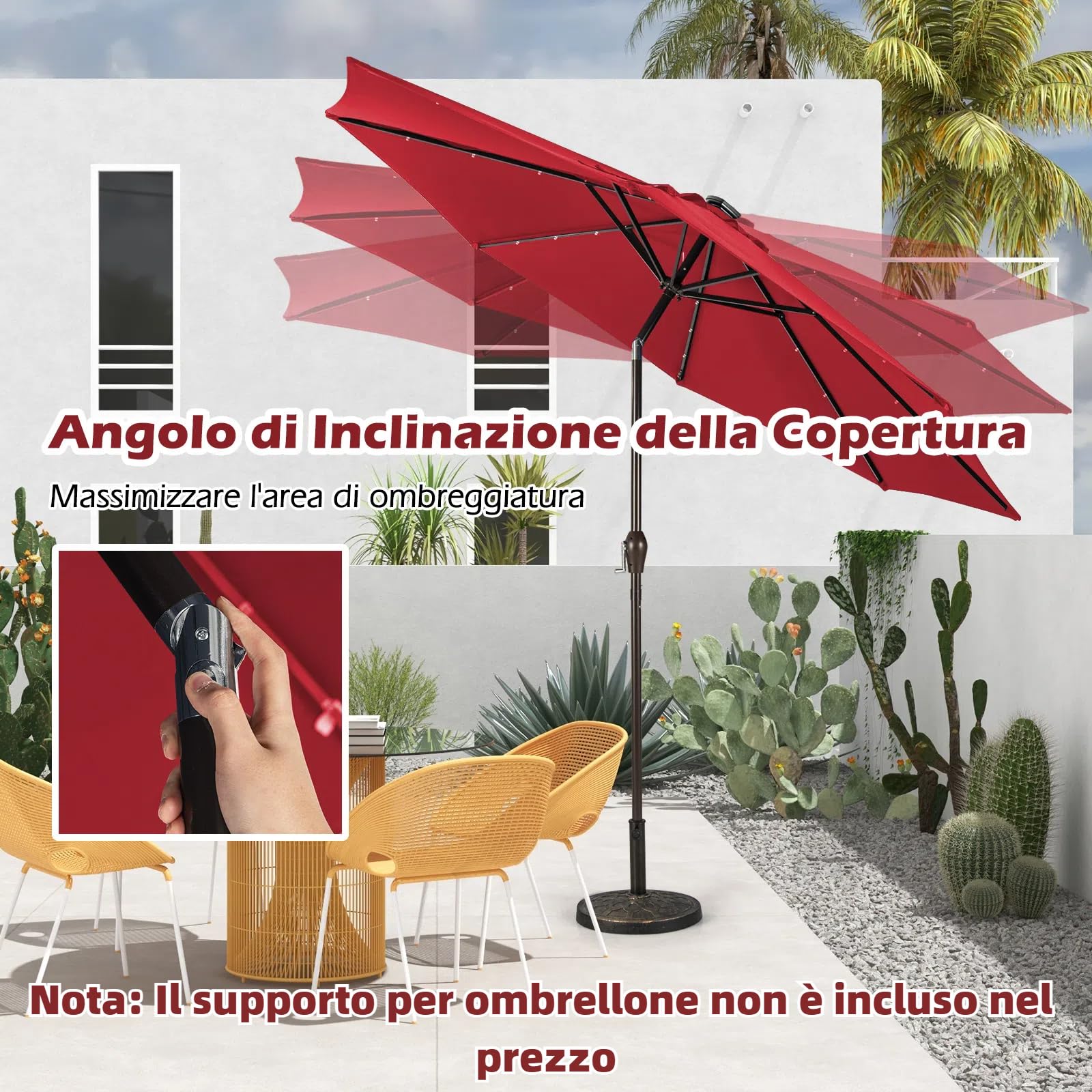 Ombrellone Da Giardino Doppio 450x260 Cm - Con 48 Luci LED, Manovella, Per Piscina E Cortile, Rosso - Foto 9