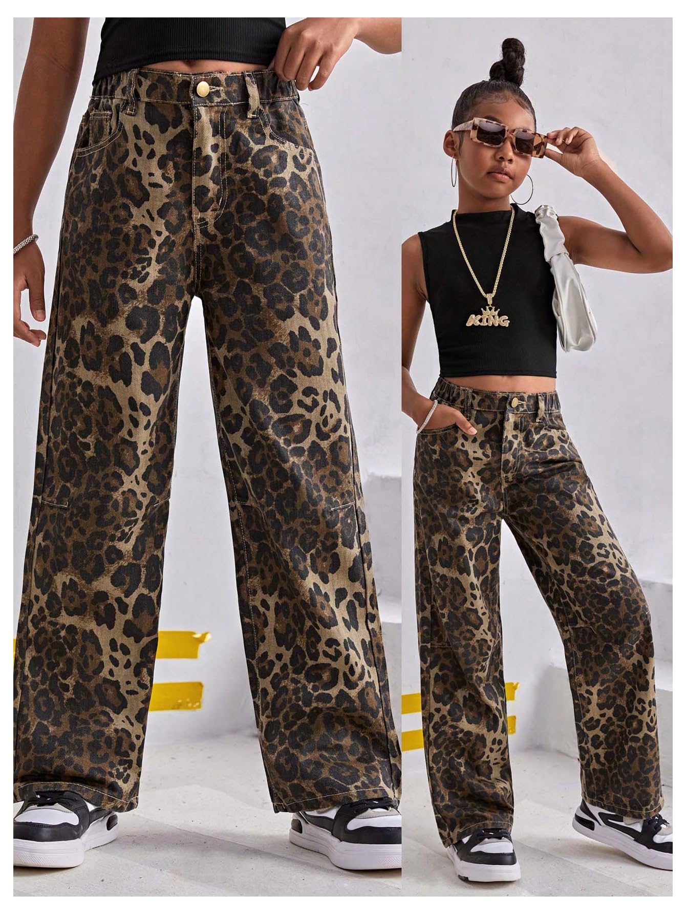 Floerns Mädchen-Jeans, Leopardenmuster, mittlere Taille, gerades Bein, Y2k Grunge Denim-Hose