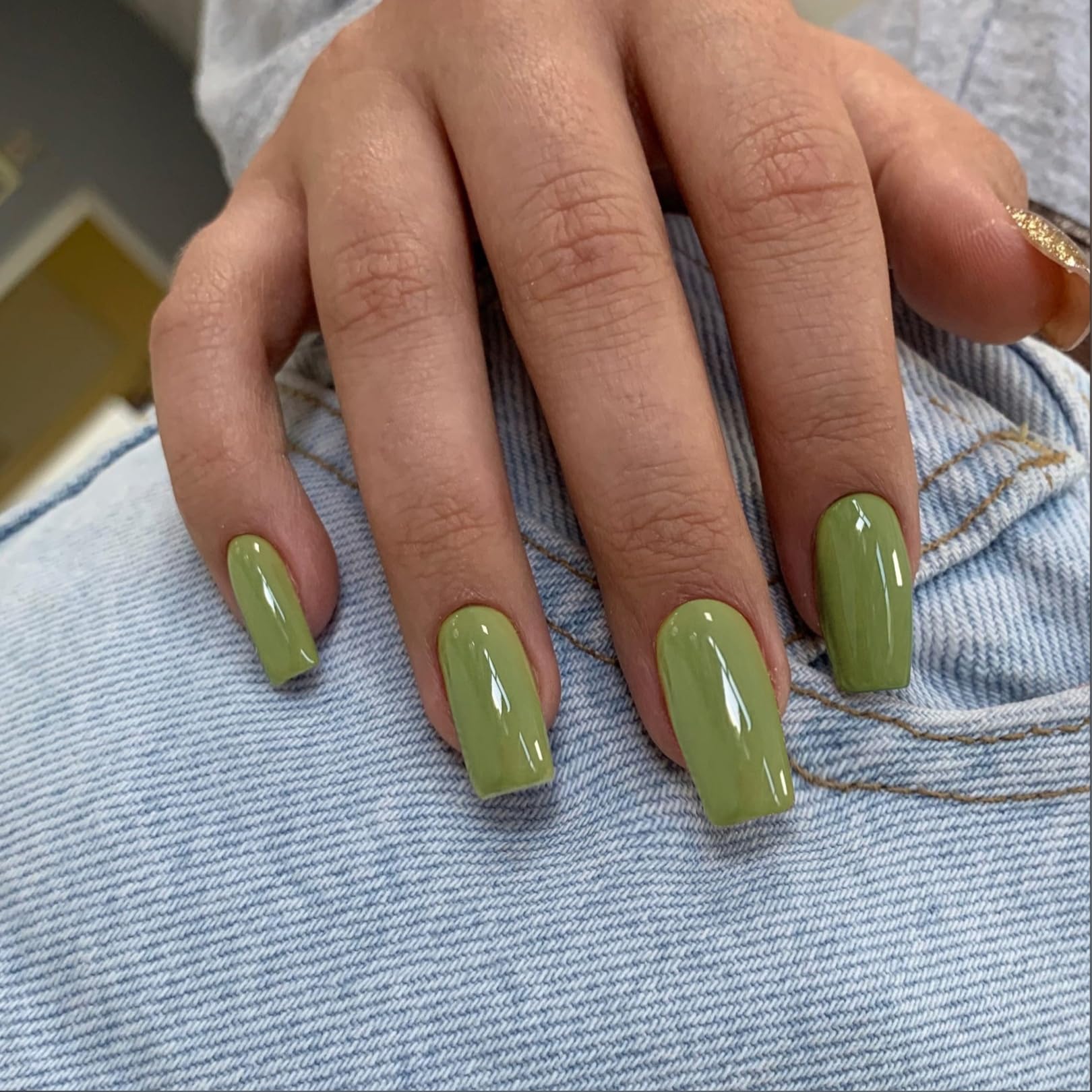 SXVME Olive Green Press on Nails Long Square, Acrylic False Nails Medium Coffin, Glossy Gel Fake Nails Press on - Image 2