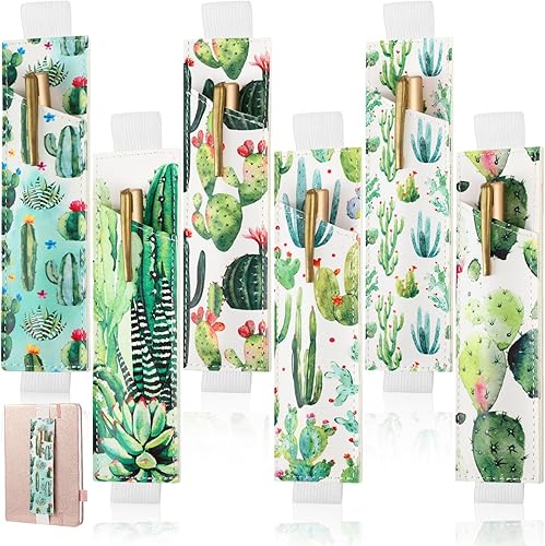 Qilery 6 soportes para bolígrafos con banda elástica para cuaderno, hojas de cactus, minimalista, de piel sintética, funda ajustable para bolígrafos
