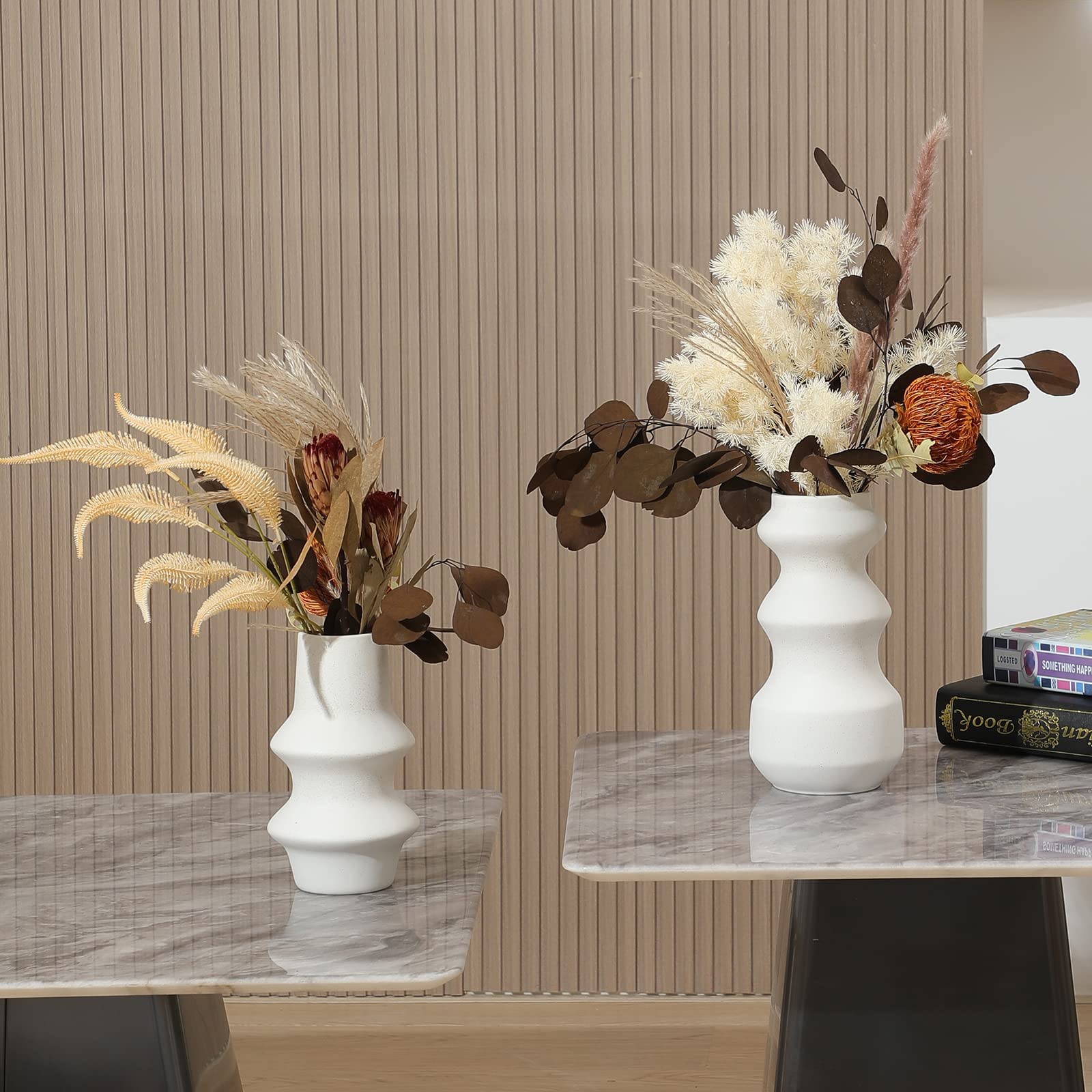 Ceramic Vase Set of 2 for Home Decor, Adornite White Round Gritty Sand Texture Vases for Boho Nordic Minimalism Style, Pampas Grass Flower Vases, Art Ornaments