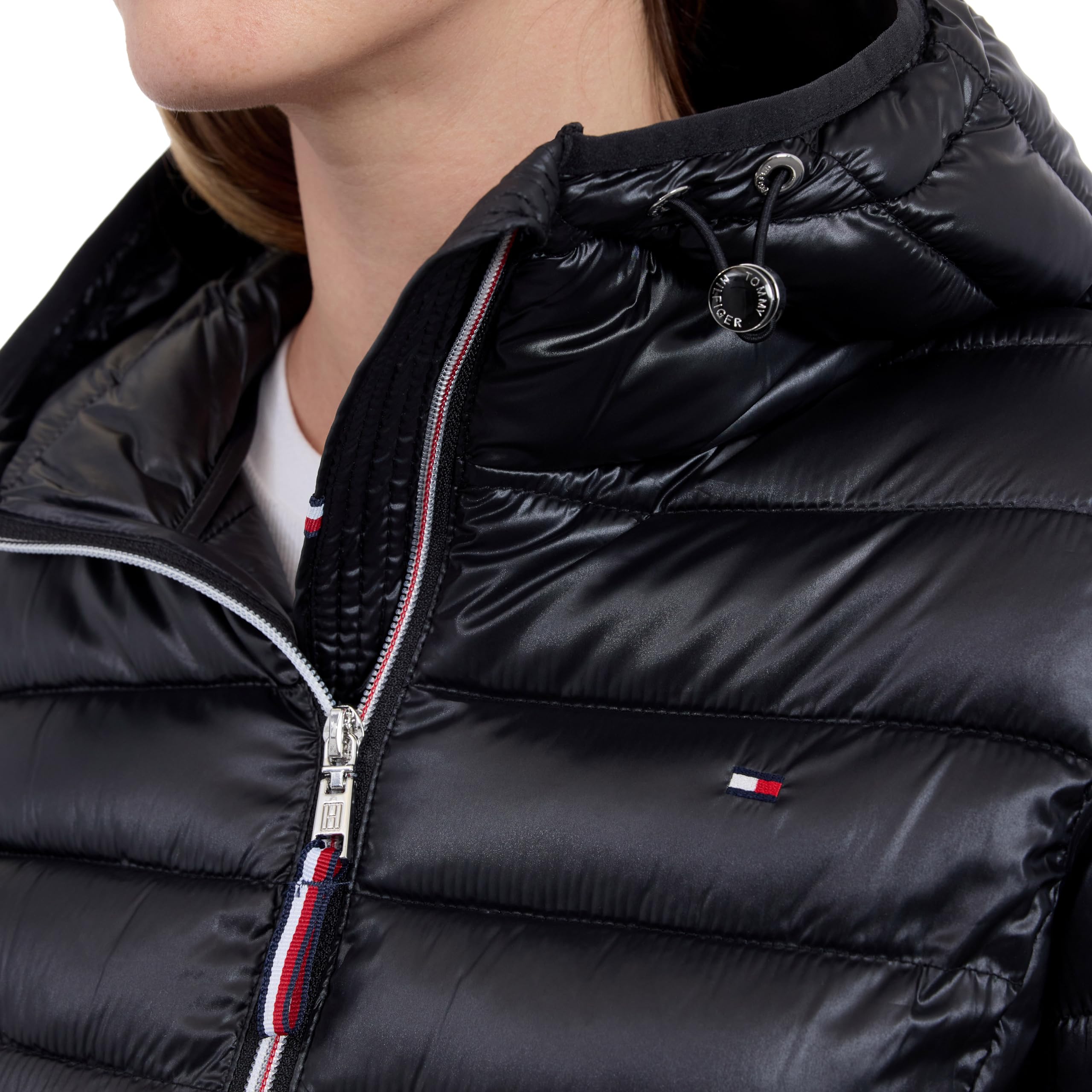 Tommy Hilfiger Leichte verstaubare Pufferjacke für Damen mit Kapuze und Tasche