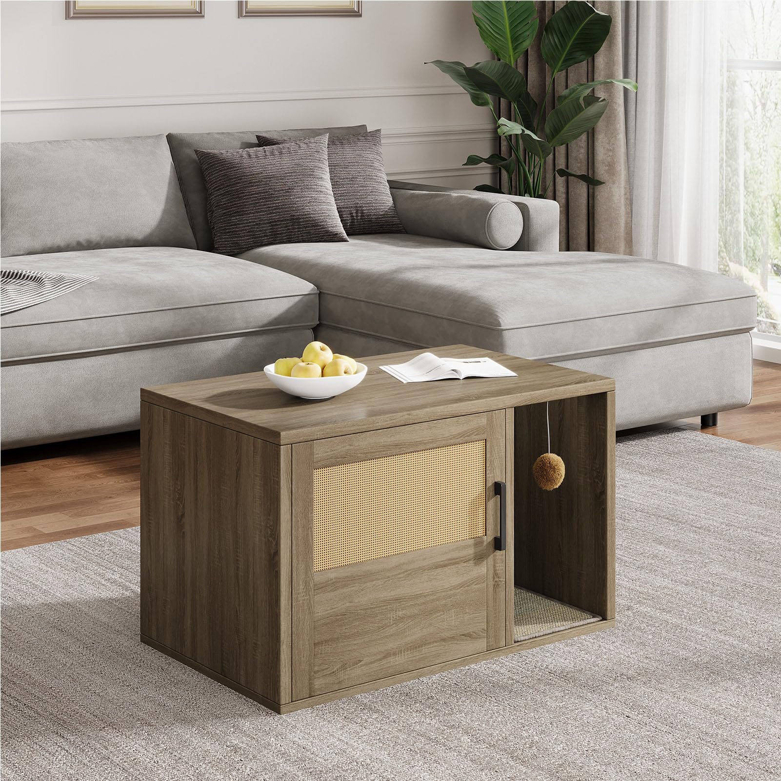 Hidden Cat Litter Box Enclosure with Cat Scratch Pad, Farmhouse Enclosed Cat Cabinet Litter Box Furniture with Bell, 31.5x19.69x19.69 in - image 5