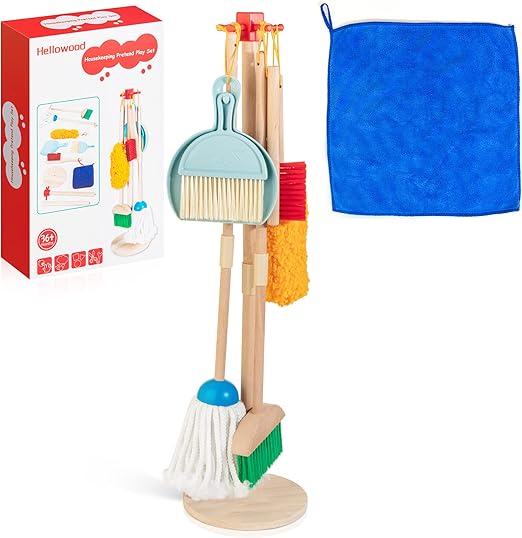 Kids Cleaning Set, 8 Pcs Wooden Housekeeping Play Set Includes Broom Mop Duster Dustpan Brushes Rag and Organizing Stand, Cleaning Toys Gift for Toddlers Girls Boys Age 3-6, Solid Beech Wood