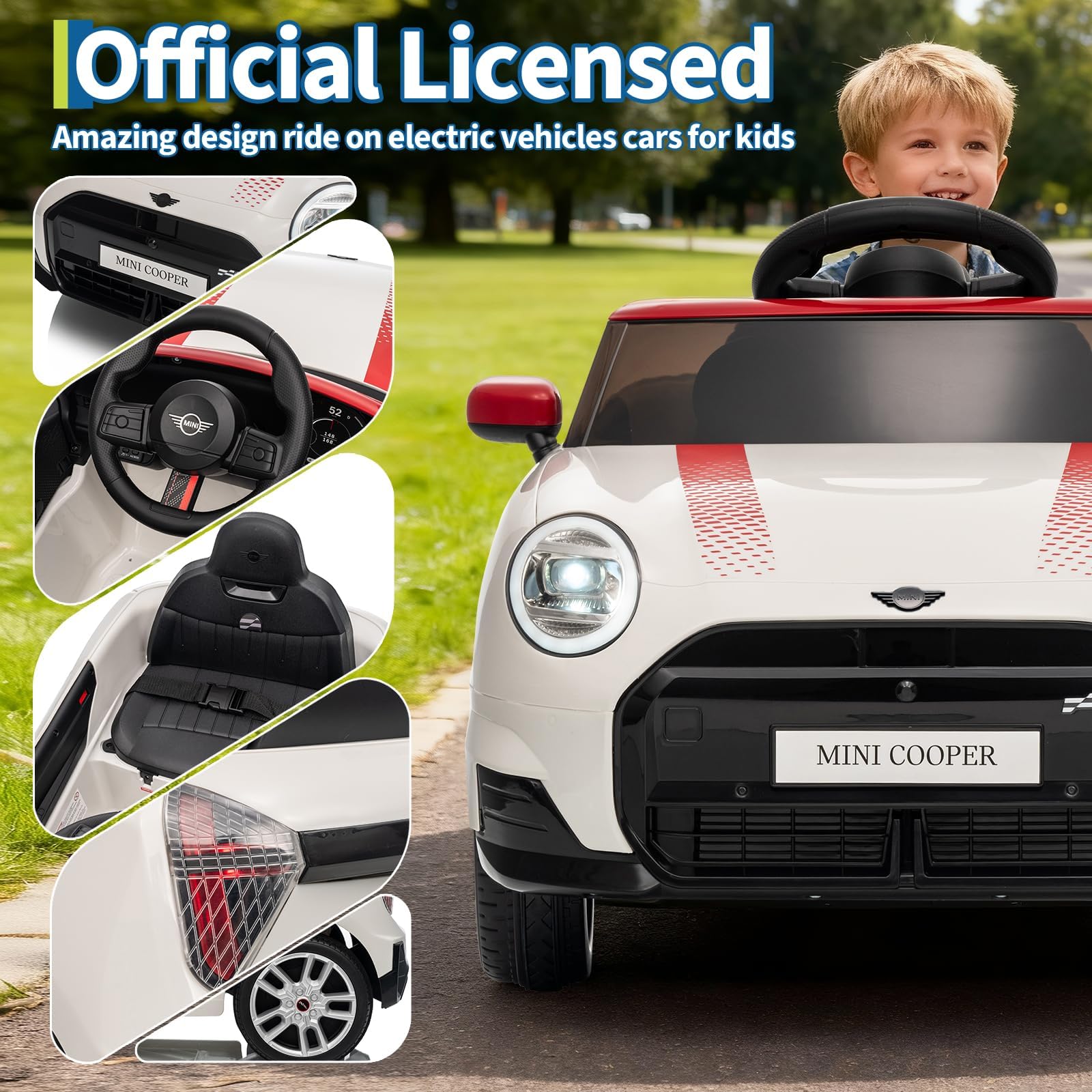 Coche Eléctrico para Niños 12V con Licencia, Mando a Distancia 2,4G, LED, Música, USB, Blanco