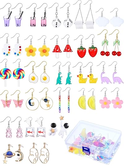 25 Pairs Cute Weird Earrings Funny Dangle Drop Earrings Water Bottle Earrings Milk Tea Dangle Earrings Bear Goldfish Water Bottle Strawberry Mushroom Butterfly Cloud Flowers Dinosaur Egg Earrings