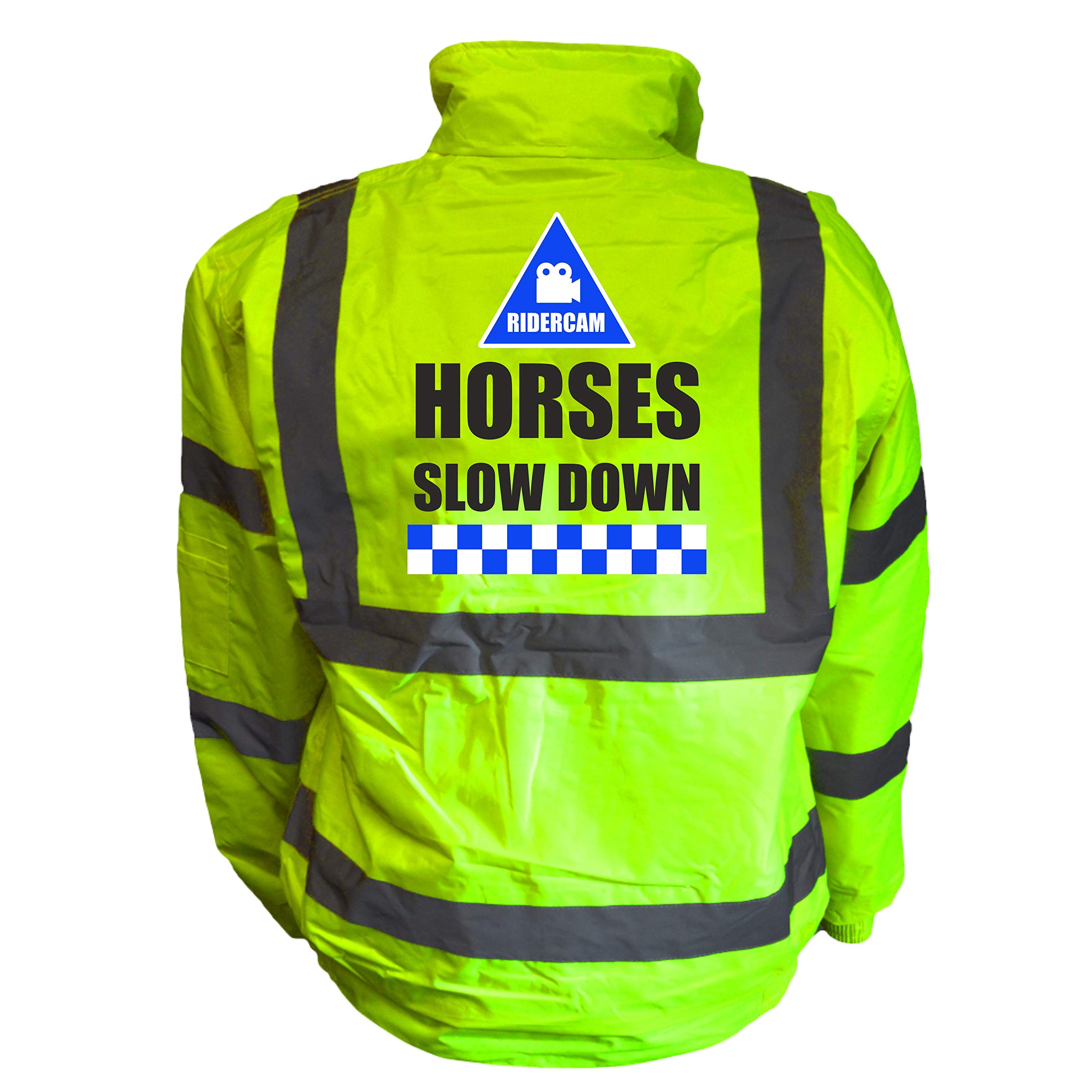Ridercam Horses Slow Down Yellow Hi Vis Bomber Jacket Reflective, Equestrain, Horse Riding, Conforms to EN20471 Class 3, High Visibility, By Brook Hi Vis, XLarge