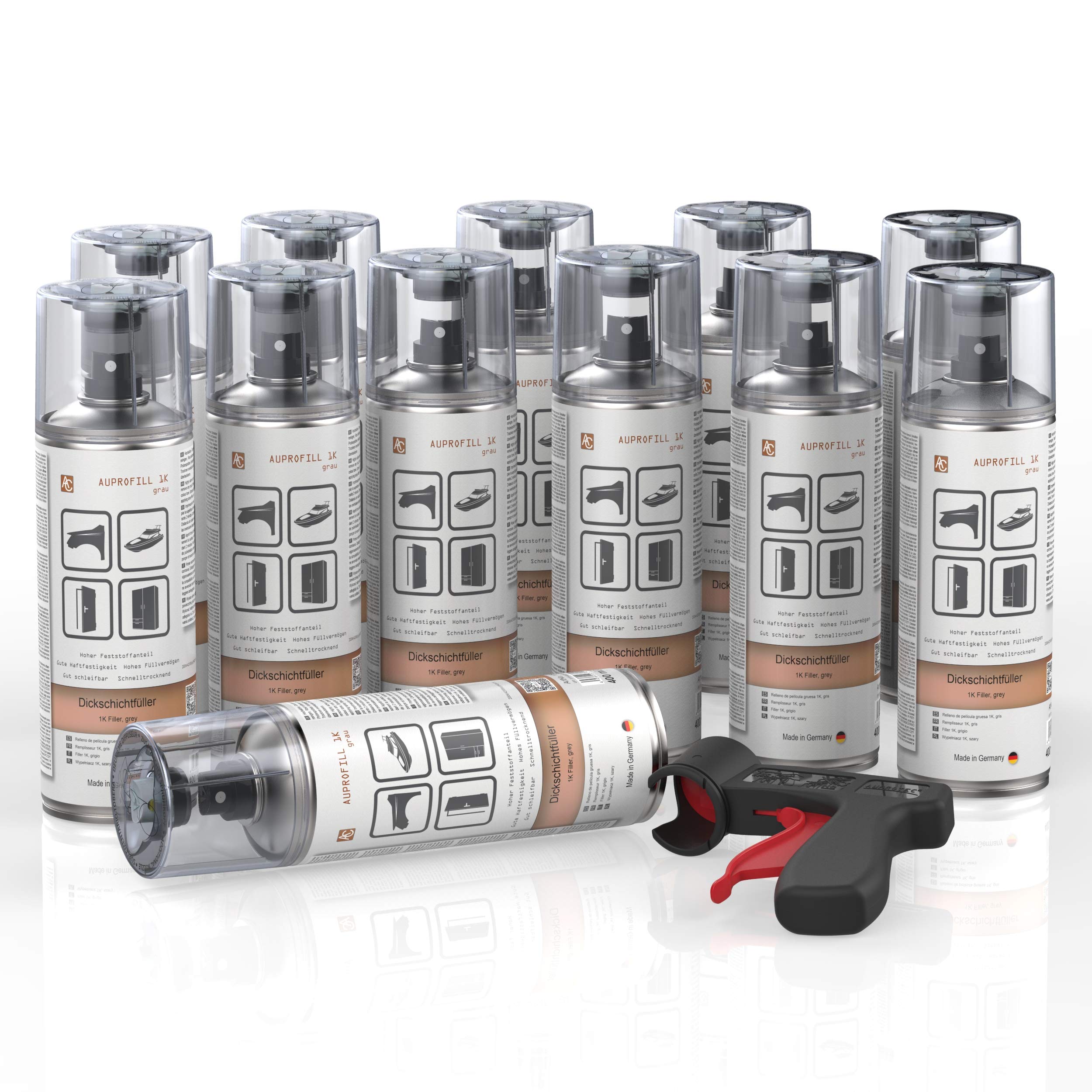 AUPROTEC Dickschichtfüller AUPROFILL 1K Filler Grundierung für Autolack Primer Spray grau 12x 400ml + 1x Original Pistolengriff