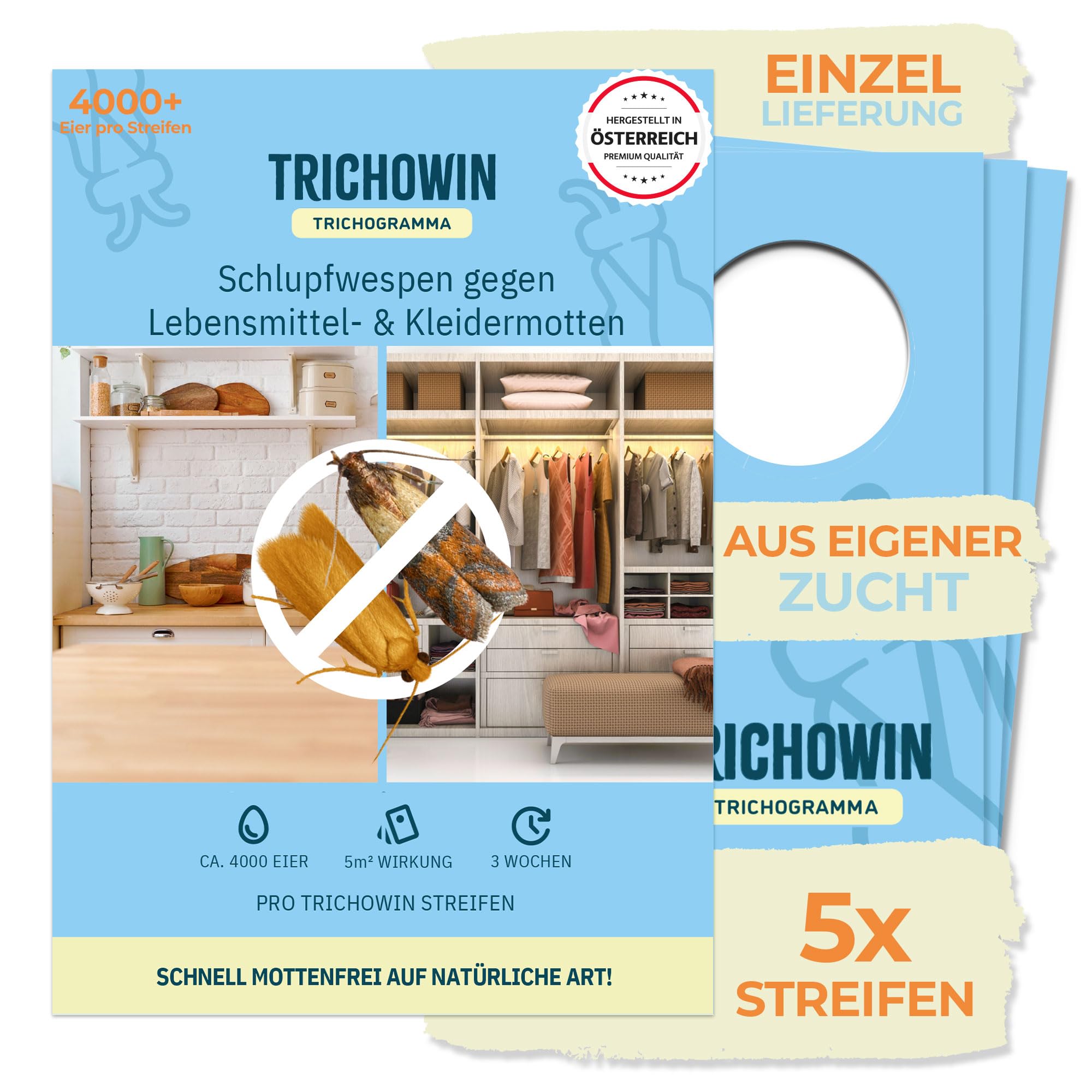 NEU! Schlupfwespen gegen Lebensmittel- & Kleidermotten - Effektiver als Lebensmittelmotten Fallen - Alternativer Mottenschutz zu Mottenfalle & Mottenspray - hergestellt in AT (5 Stk.)