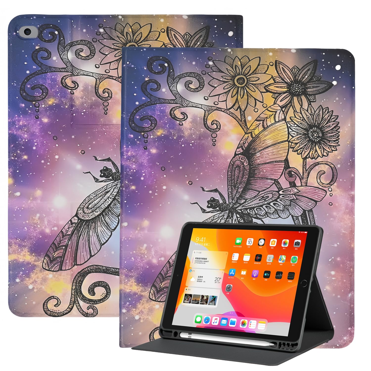 Case for iPad 10.2 Inch 2021/2020/2019 iPad 9th/8th 7th Generation, PU Leather Folio Stand Protective Cover with Soft TPU Back Pencil Holder Auto Wake/Sleep, Dragonfly Starry Sky
