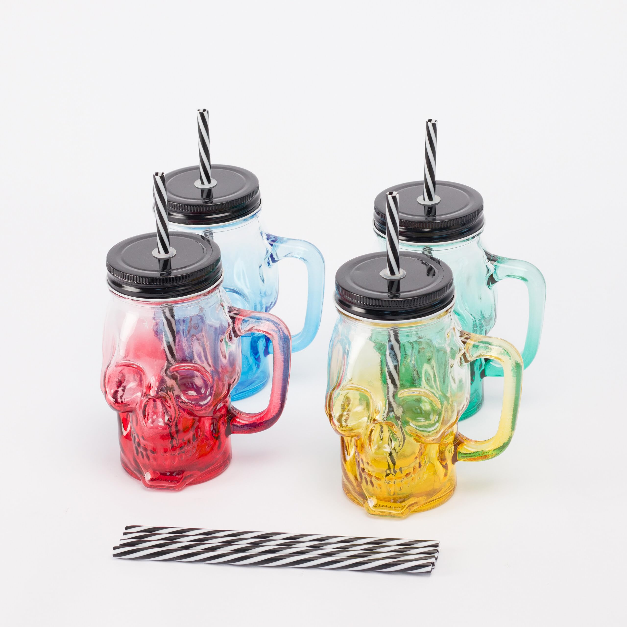Relaxdays Bicchieri con Coperchio, Cannuccia e Manico, 4 Pezzi, 500 ml, Teschio, Tappo a Vite, Vetro Multicolore