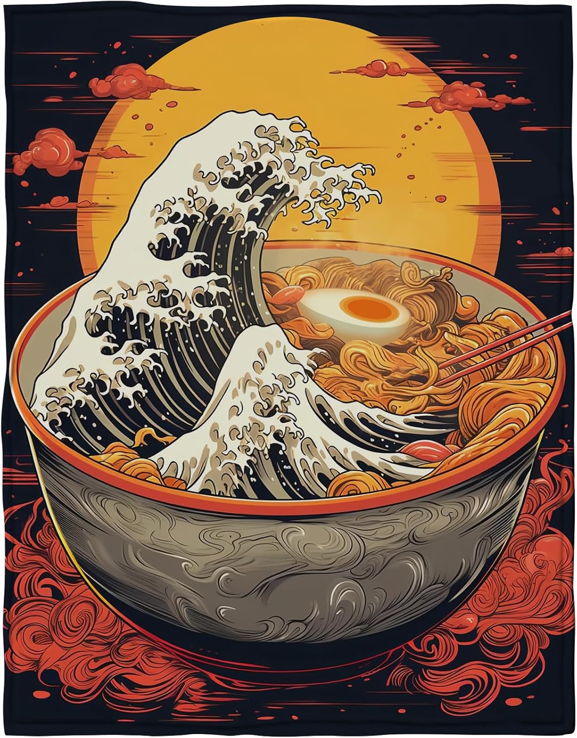 FREE LION Ramen Blanket, Japanese Wave with Ramen and Sun