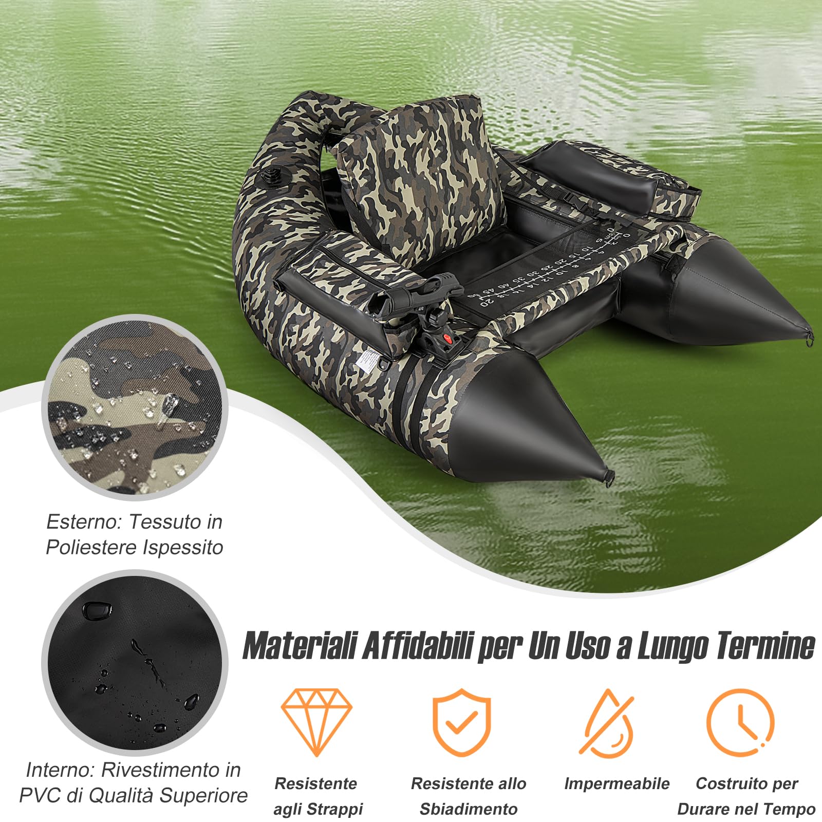 GYMAX Gommone da Pesca Gonfiabile, Barca da Pesca Portatile con Tracolle Regolabili, Pompa Manuale, Pagaia, Pinne, Porta Canne da Pesca, Righello per Pesci, Stoccaggio