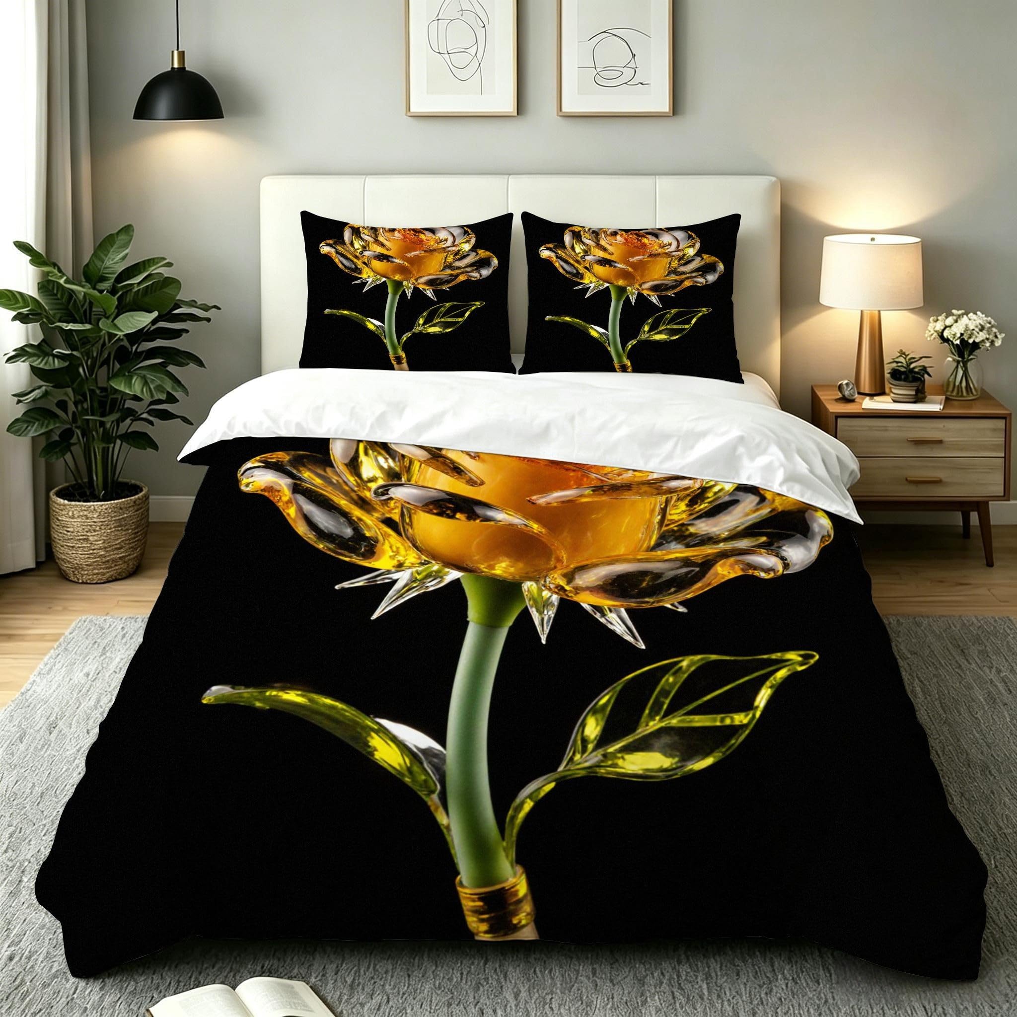 Parure de lit fleur jaune 160x200 avec 4 bandes de coin cachées