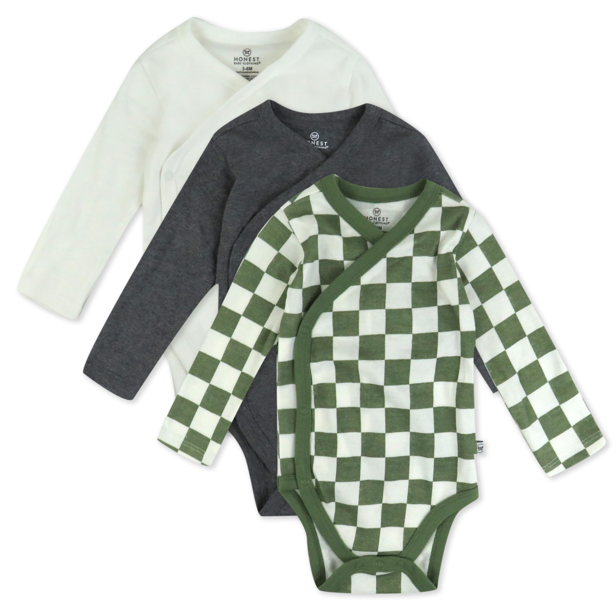 HonestBaby Baby 3-pack Long Sleeve Side-snap Kimono Bodysuits Organic Cotton for Infant Baby Boys, Girls, Unisex
