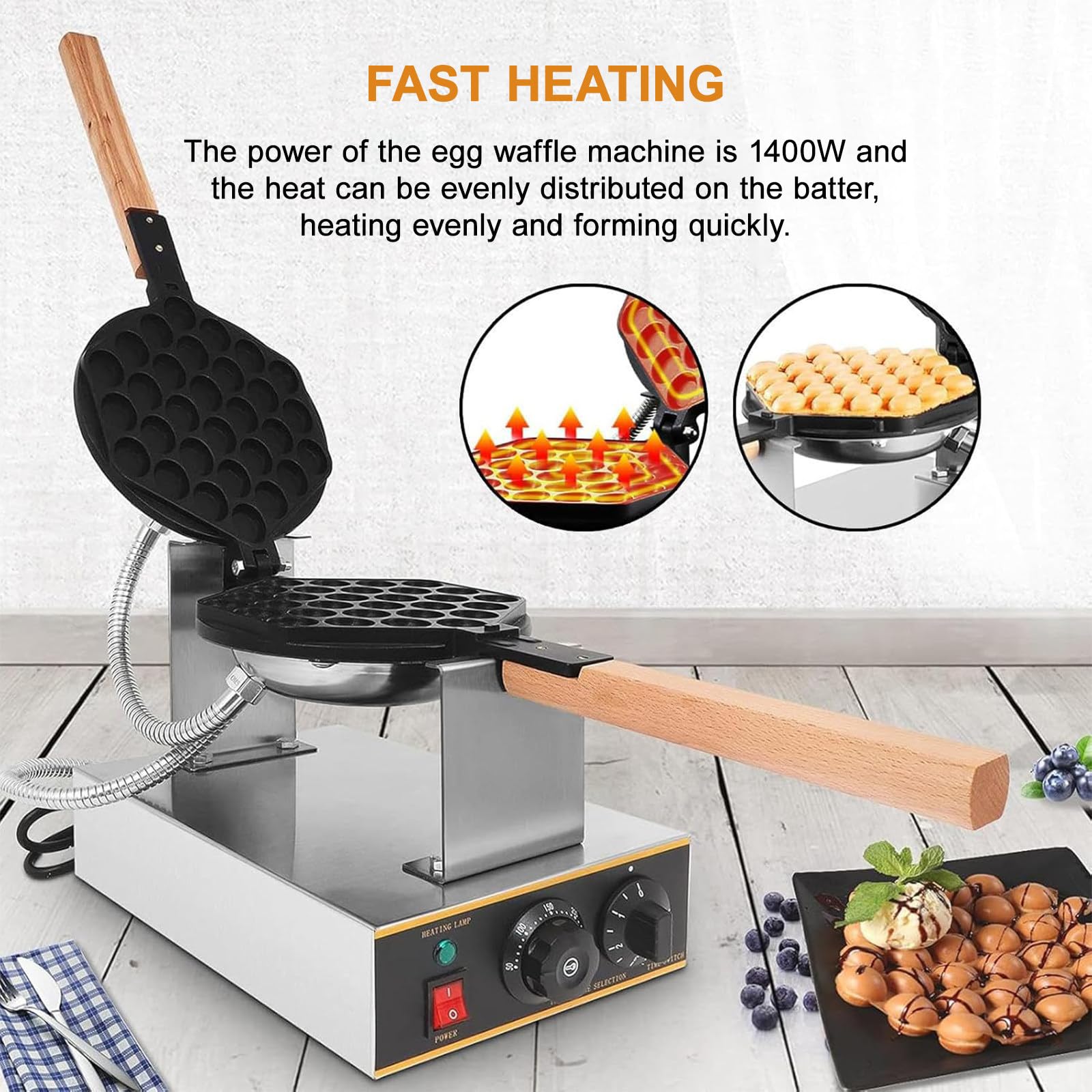 Bubble Waffle Maker, Elektryczna Gofrownica Jajeczna Gofrownica, Gofrownica Jajeczna, Komercyjna, Elektryczna, Nieprzywierająca, Regulacja Temperatury 50–250°C,DoubleHead
