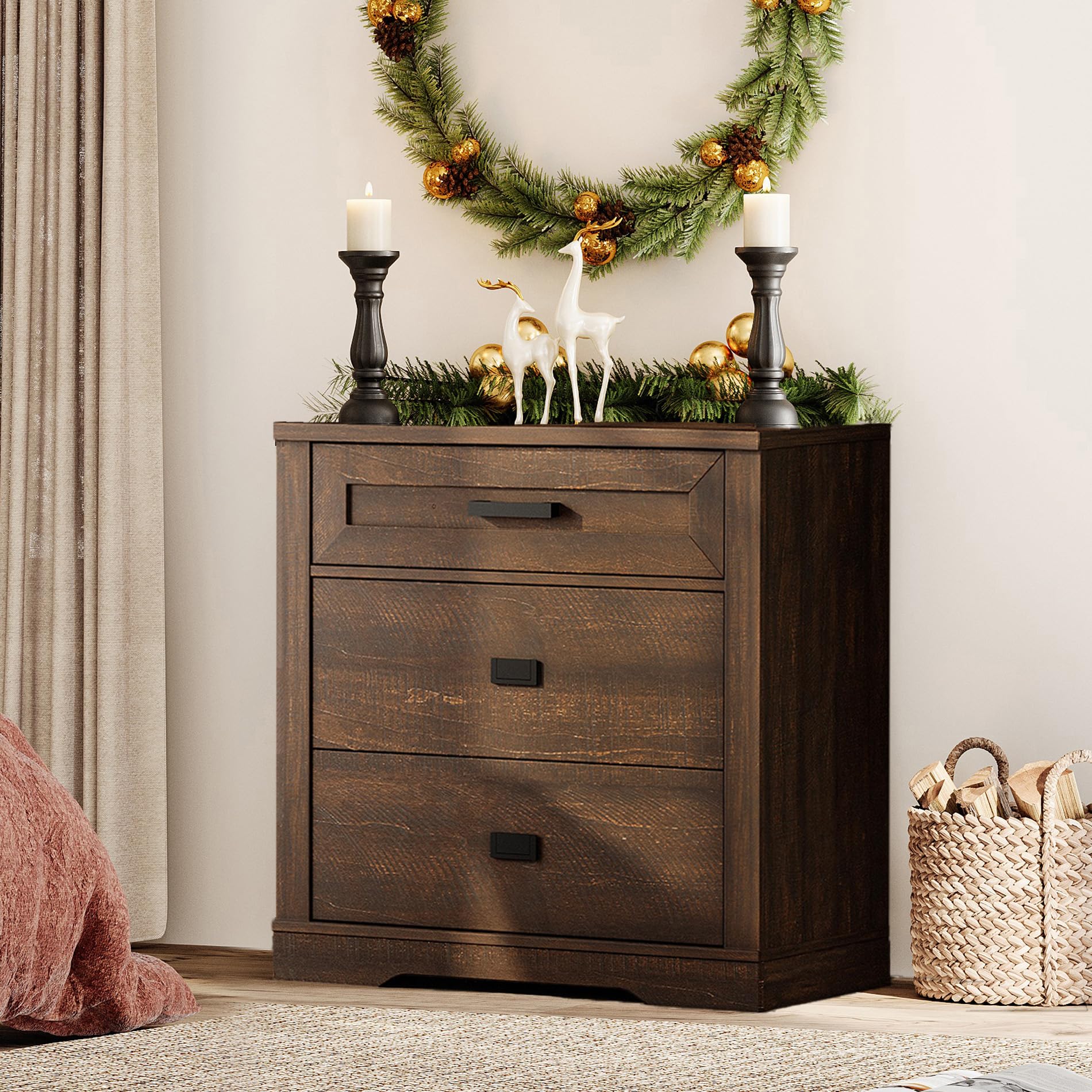 wampat rustic wood 3-drawer dresser,32-inch tall farmhouse bedroom chest of drawers with smooth glide, 31.5-inch wide storage cabinet with drawers, rustic brown