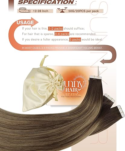 Miniatura 5 de Sunny Hair Extensiones de cabello humano con cinta adhesiva, color marrón, balayage, invisible, color marrón, degradado, rubio caramelo, mezcla de