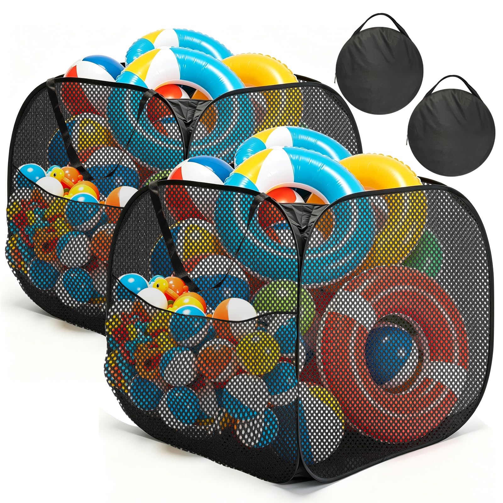 Photo 1 of 2 Pack 30 * 30 * 30 inch Pop up Pool Toy Storage Bin with Side Pockets Mesh Pool Float Holder Toys Organizer for Inflatable Toys, Beach Balls,Black