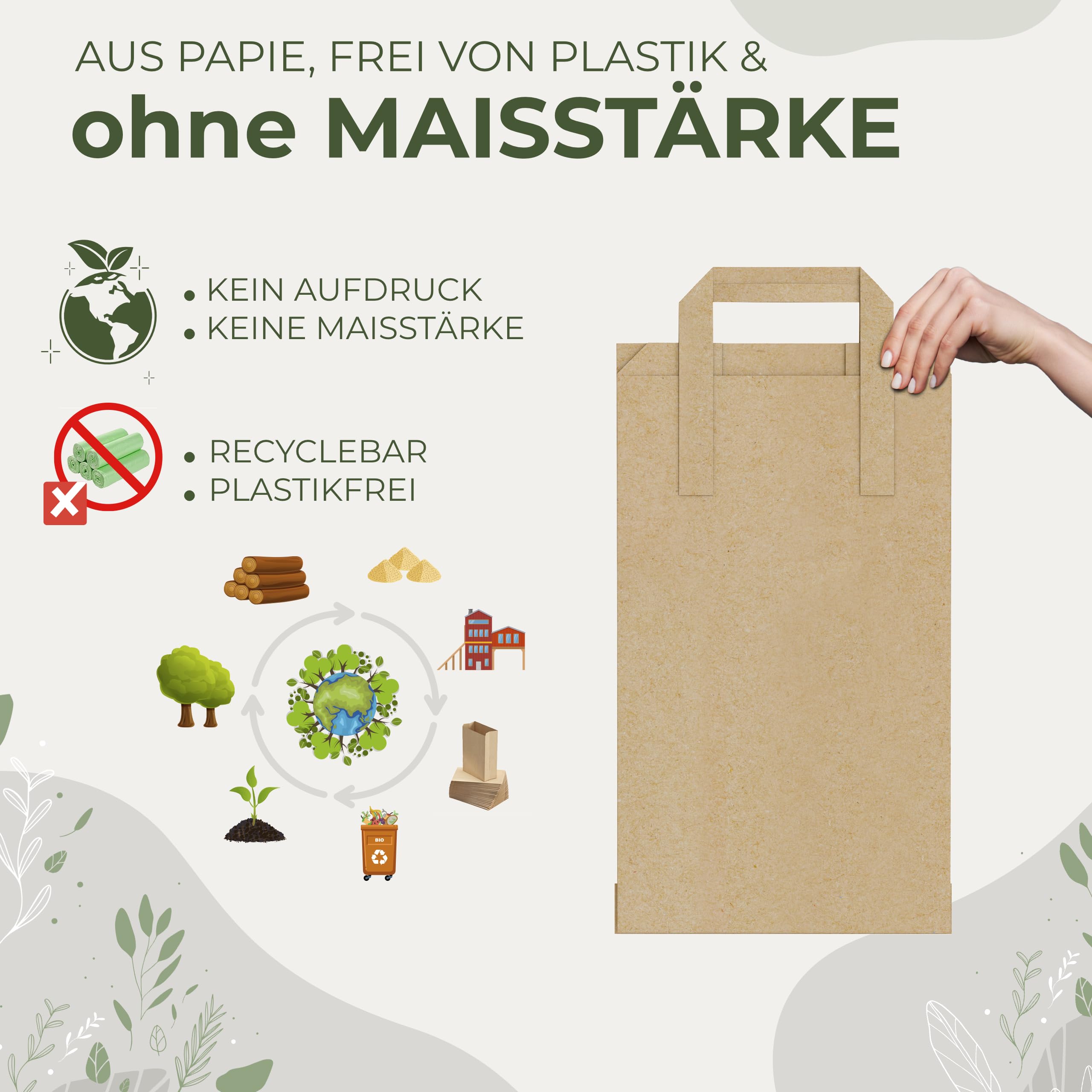 BIOGLÜCK® Biomüllbeutel 10L mit Tragegriff [100 Stück] – für den einfachen & hygienischen Transport | Reißfeste & nassfeste Papiertüten für Biomüll