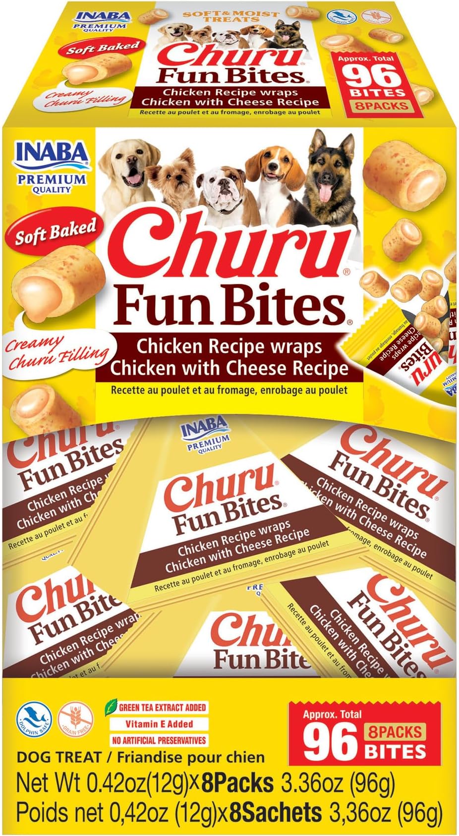 Churu Fun Bites for Dogs, Soft & Chewy Dog Treats with Vitamin E, 0.42 Ounces per Tetra, 8 Tetras per Box, Chicken with Cheese Recipe