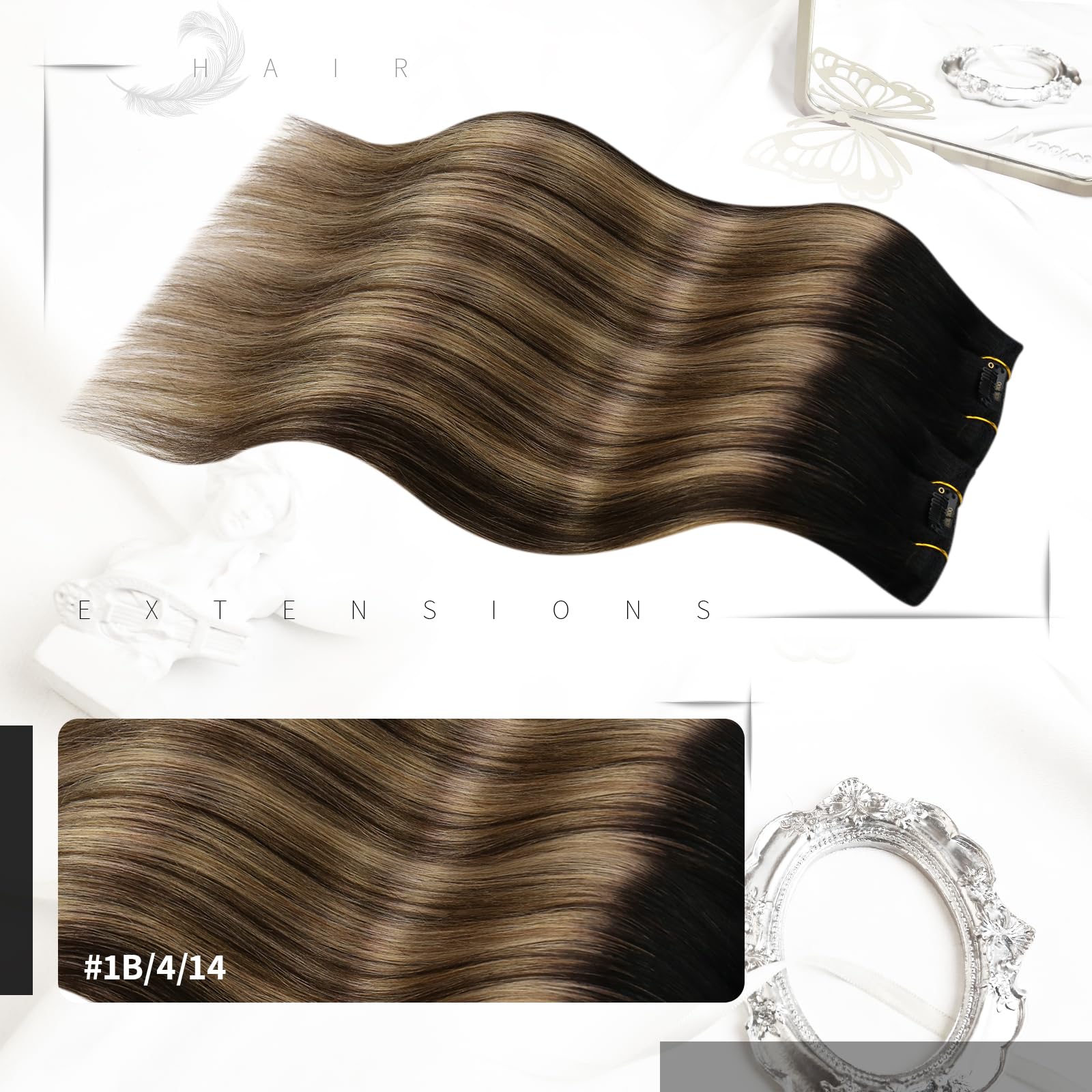 Moresoo Clip in Hair Extensions Real Human Hair Off Black Root Remy Hair Extensions Clip in Balayage Black to Dark Brown with Golden Blonde 22inch 7pcs/120G #1B/4/14 - Image 2
