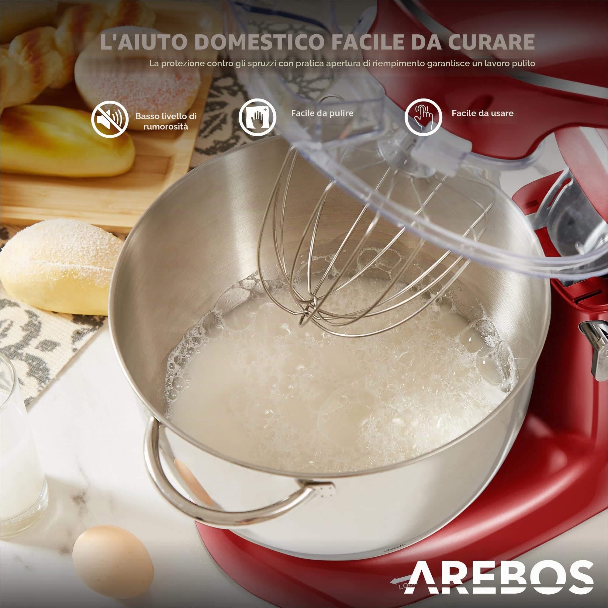 Arebos Impastatrice Robot da Cucina 1500W | Rosso | Mixer Cucina 6L | Basso Rumore | Multifunzione Impastatore Planetario Professionale con Ganci, Frullare | 6 Velocità con Impulso Regolabile