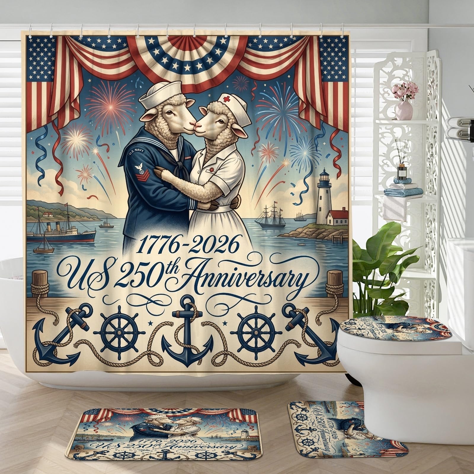 Rideau de douche mouton 183 x 183 cm avec tapis de bain et accessoires pour salle de bain