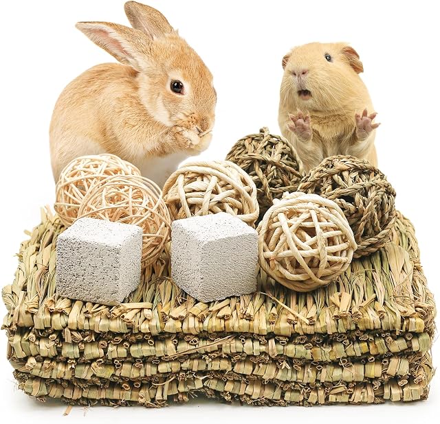 4 Pcs Rabbit Scratch Mat Woven Grass Mat with Various Hamster Enrichment Rabbit Teeth Grinding Toys Molar Gerbil Balls Hamster Chew Toys for Bunny Syrian Hamster Guinea Pig (Mat+Ball)