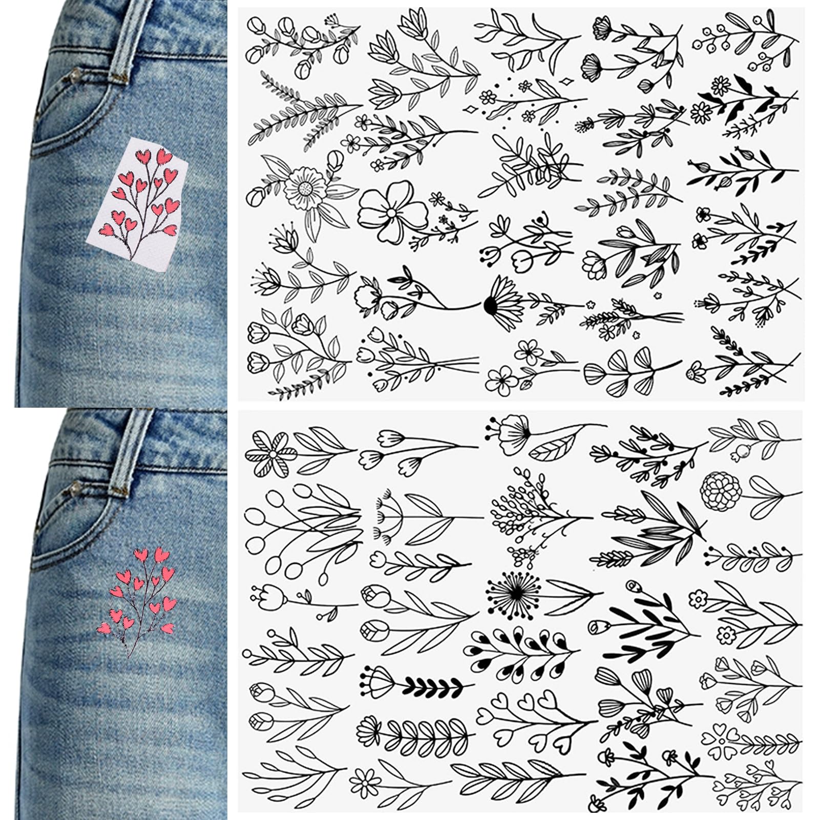 NICENEEDED 59 Pcs Water Soluble Hand Sewing Stabilizer, Stick and Stitch Embroidery Paper, Wash Away Self Adhesive Stabilizer Pre-Printed Flowers Leaves Practice Embroidery Stickers for Beginner