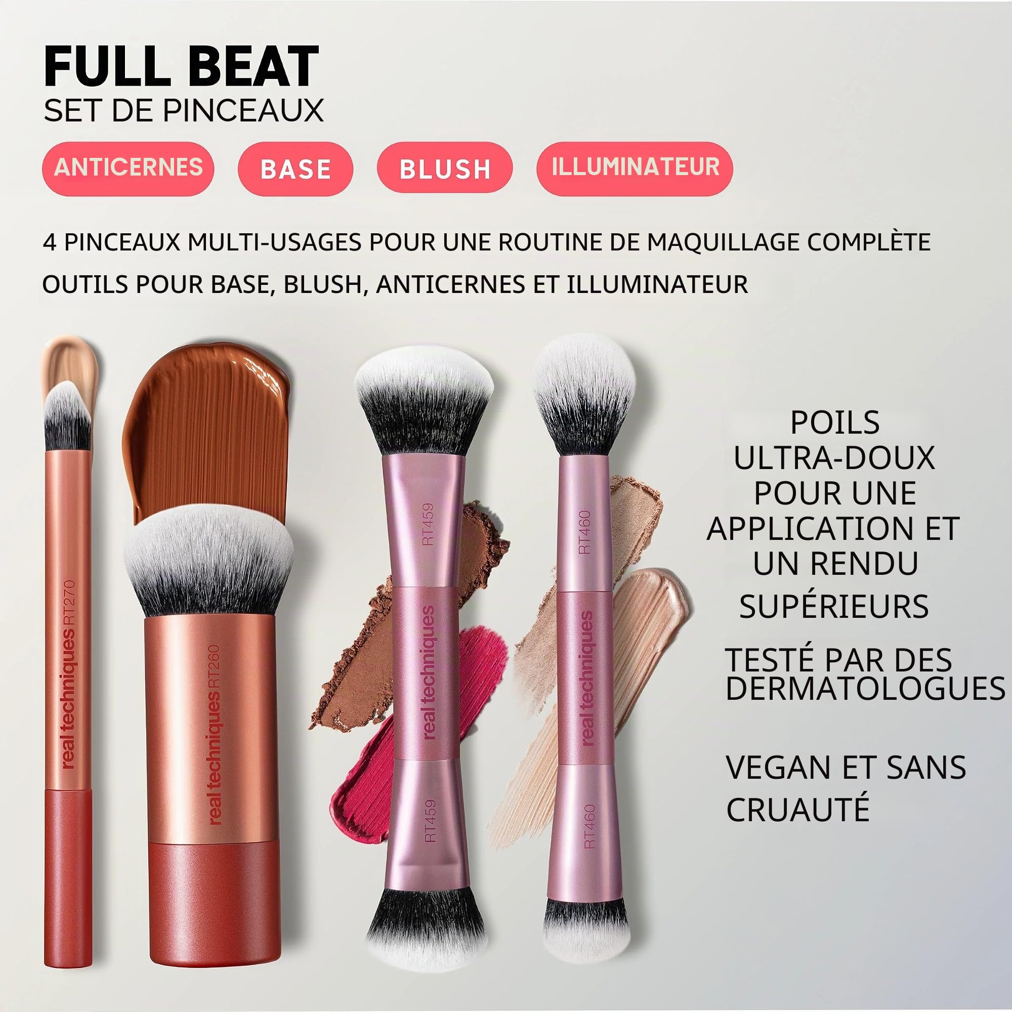 Real Techniques Full Beat Set Maquillage, Kit 4 Pinceaux pour Fond de Teint, Anti-Cernes, Blush, Contour, Illuminateur & Poudre, Format Voyage, Fibres UltraPlush Douces, Cruelty-Free