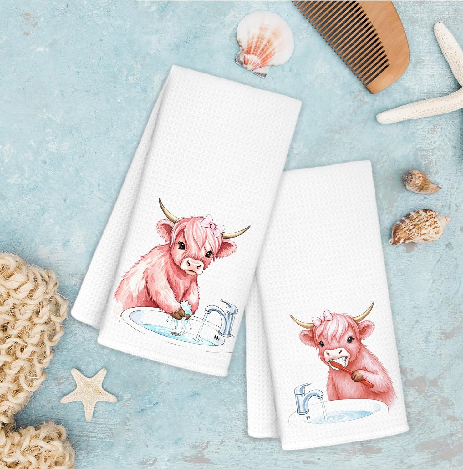 pink cow bathroom hand towels set of 2,cow bathroom decor, hand towels for kids bathrooms,cows lovers gifts decorative, funny farm animal cows kitchen towel, 16x24 inch kid-pink