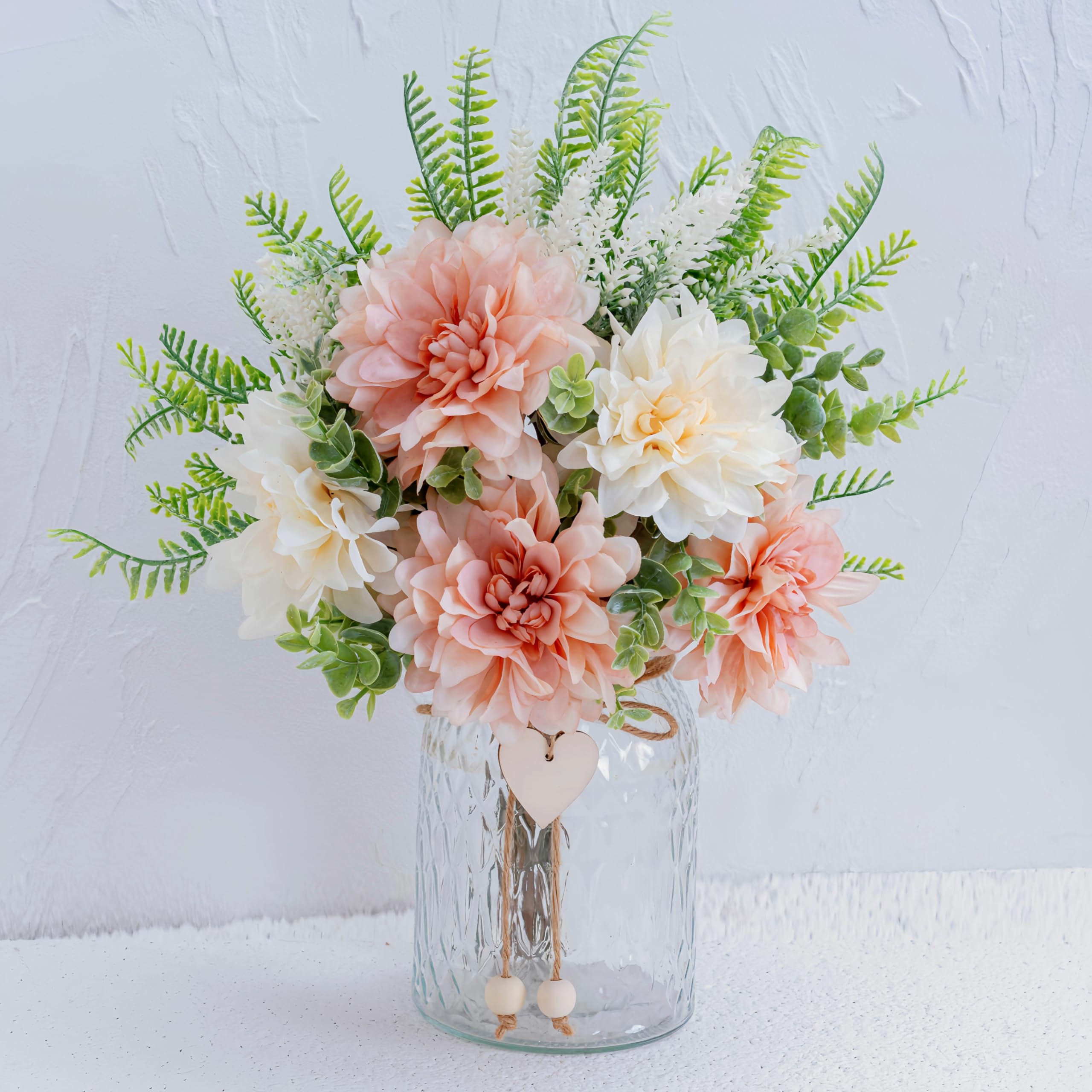 Yorkmills Fake Flowers with Vase,Pink Dahlias,Silk Artificial Flowers in Pot,Faux Flowers in Vase with a Flower Arrangement Holder