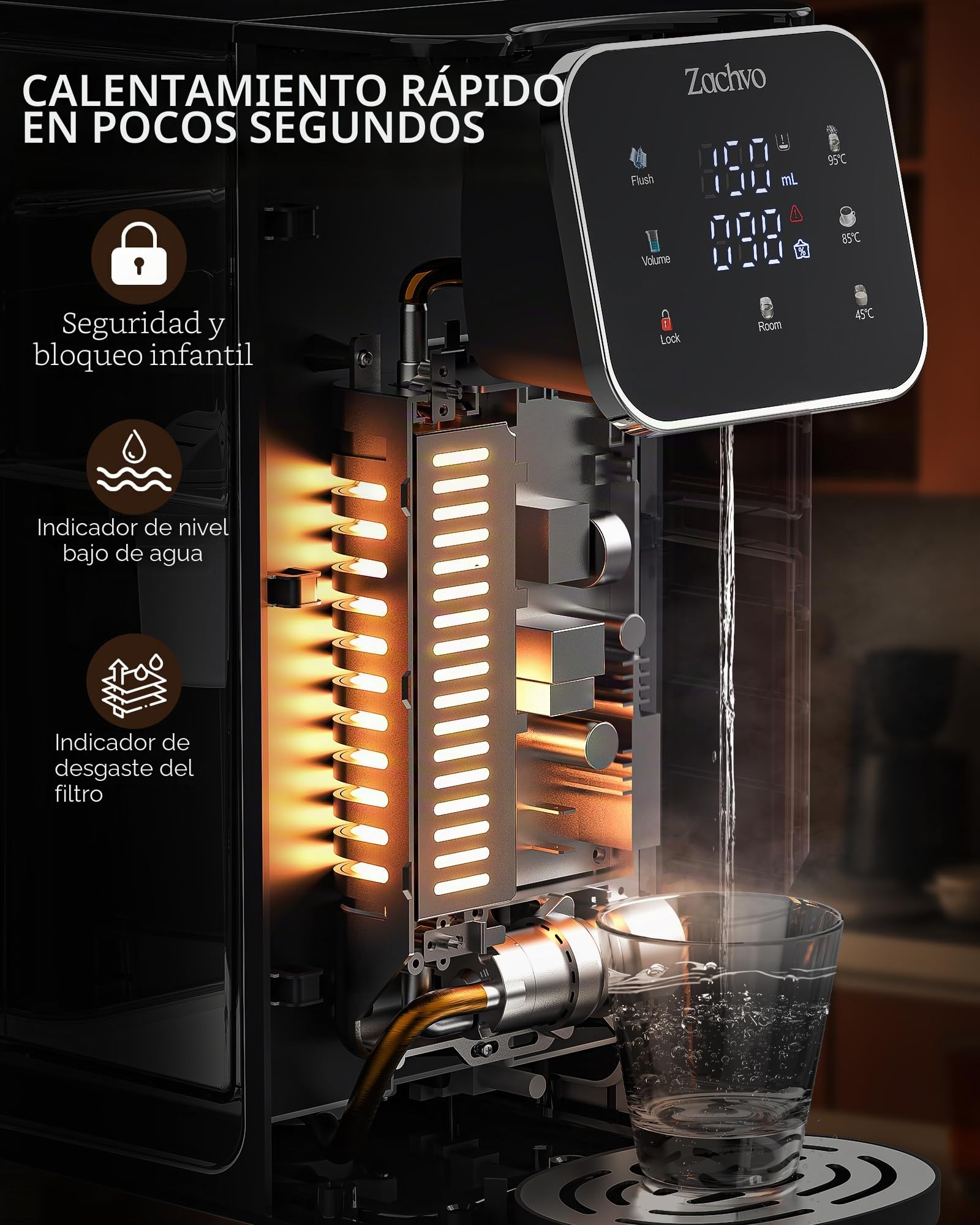 Dispensador de Agua Caliente UR05-2200W Agua Caliente en Segundos, 4 Niveles de Temperatura y 3 Cantidades de Agua, Depósito de 4L, Compacto, Filtro de Carbón Activo, para Cocina y Oficina