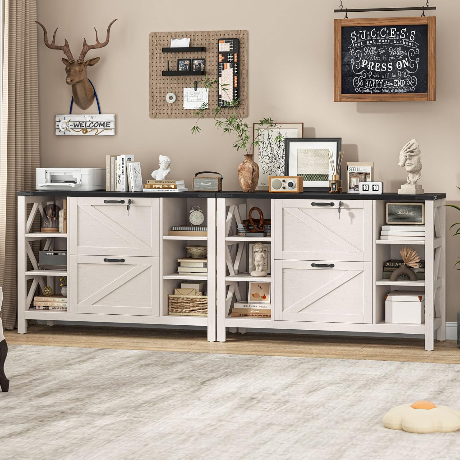 Vabches File Cabinet with 2 Drawers, Farmhouse Lateral File Cabinet Fits Files Letter/A4/Legal Size, Wooden Filing Cabinet with 4 Adjustable Shelves Printer Stand for Home Office, White and Black