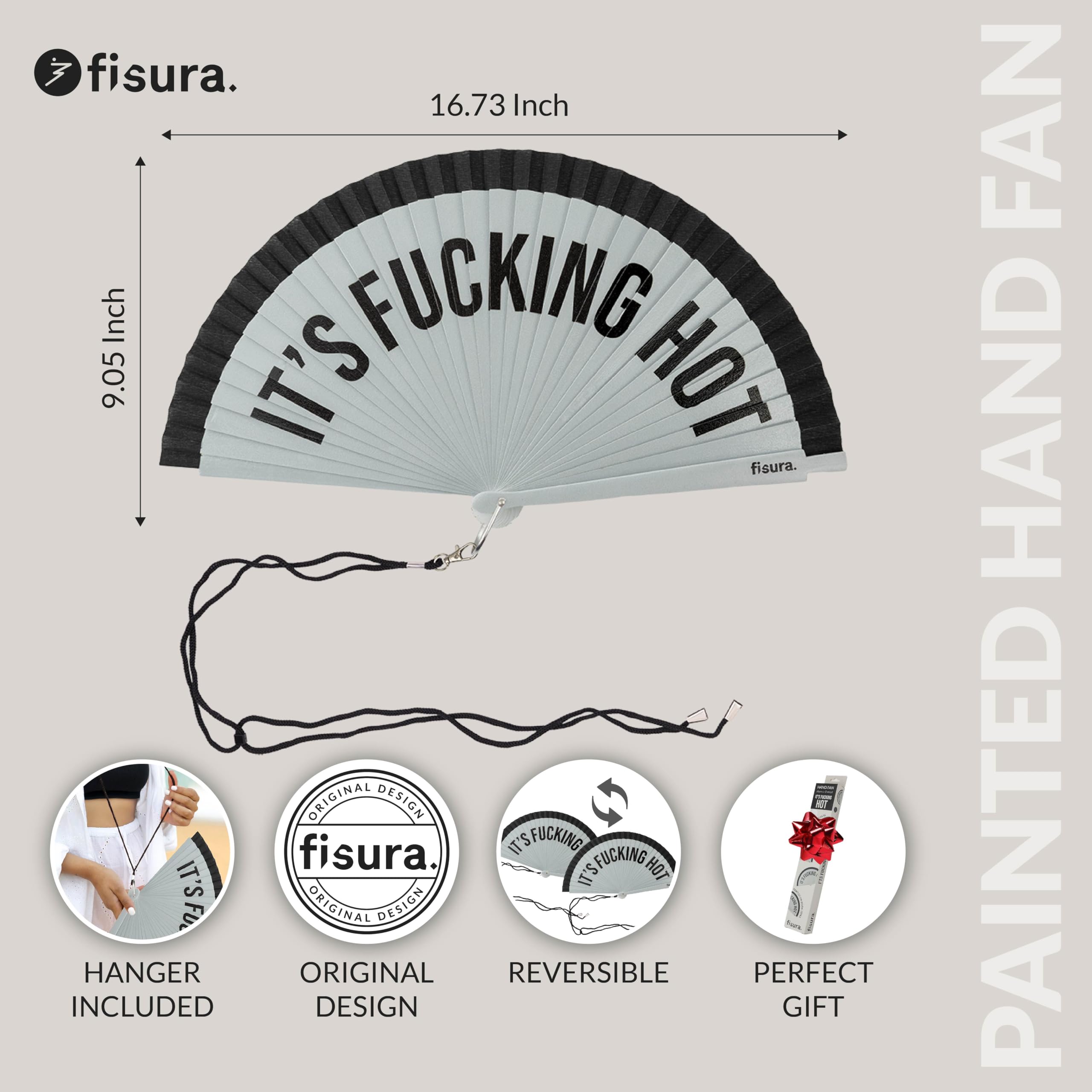Fisura – Nowoczesny wachlarz z napisem "it’s f*cking hot”. Stylowy ręczny wentylator z drewna w odcieniach szarości i czerni. Zawieszka. Wymiary: 42,5 x 23 cm