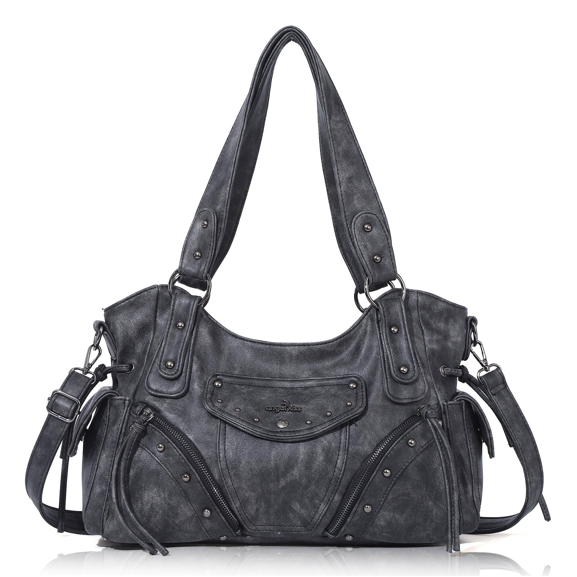 Angel Kiss Hobo Bag for Women Retro Leather Purses and Handbags Roomy Soft Ladies Satchel Bags with Crossbody Strap, Black Medium Size