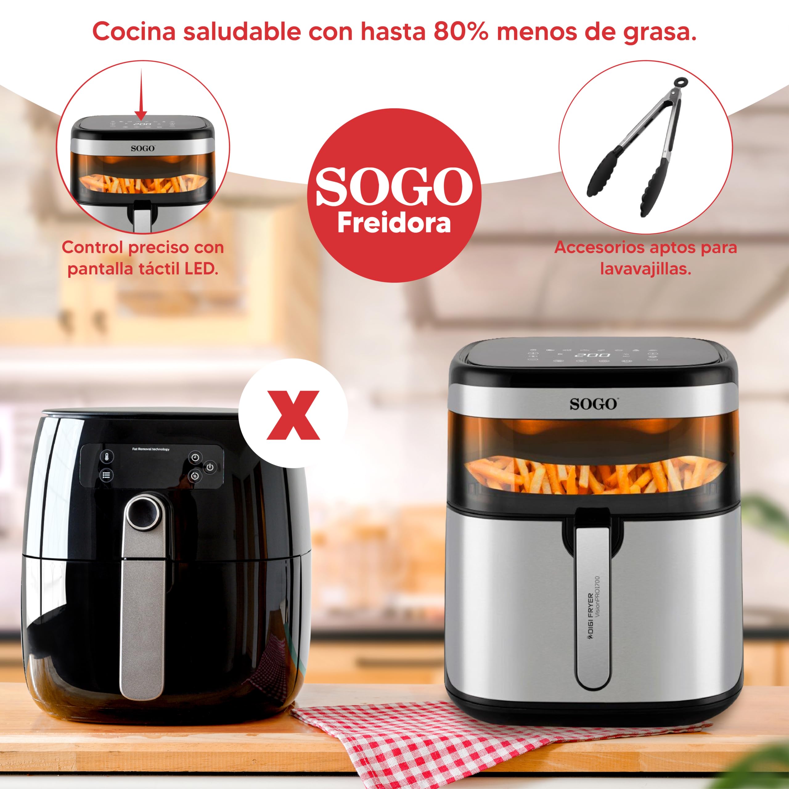 SOGO Freidora de Aire 10L sin Aceite con Pantalla Táctil LED y 10 Funciones - Air Fryer Digital con Cesta Cerámica Antiadherente y Ventana de Visión - Freidora Aire Grande para Cocina Saludable
