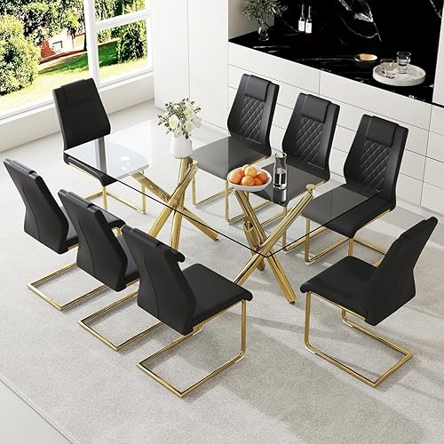 Miniatura 11 de Ebullient Moderno juego de mesa de comedor para 6, mesa de comedor de cristal de 71 pulgadas y patas de mesa de metal dorado, mesas de comedor Mesa