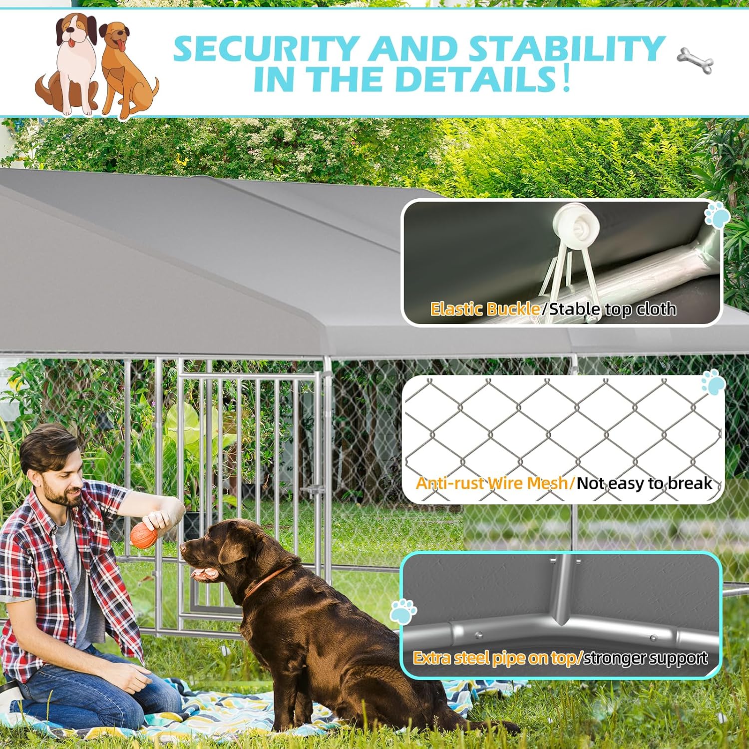 Erinnyees 13'x13' Outdoor Dog Kennel with Roof, Large Dog Kennel Outside with Rotated Dog Bowls, Dog House Pen Enclosure with Secure Lock & Wateproof Sunproof Cover