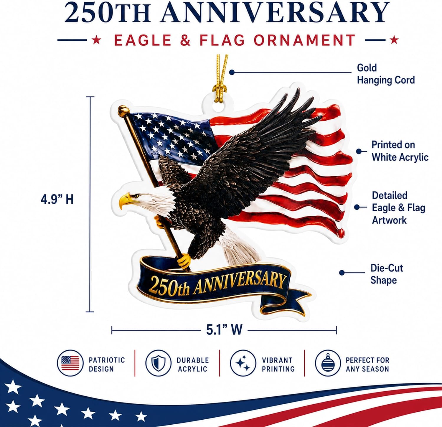 USA 250th Anniversary Ornament 1776-2026, Eagle American Flag Patriotic Ornament, 250 Anniversary USA Decorations, Fourth of July Decor, Christmas Ornaments, Memorial Day Gift, Veterans Day Gift